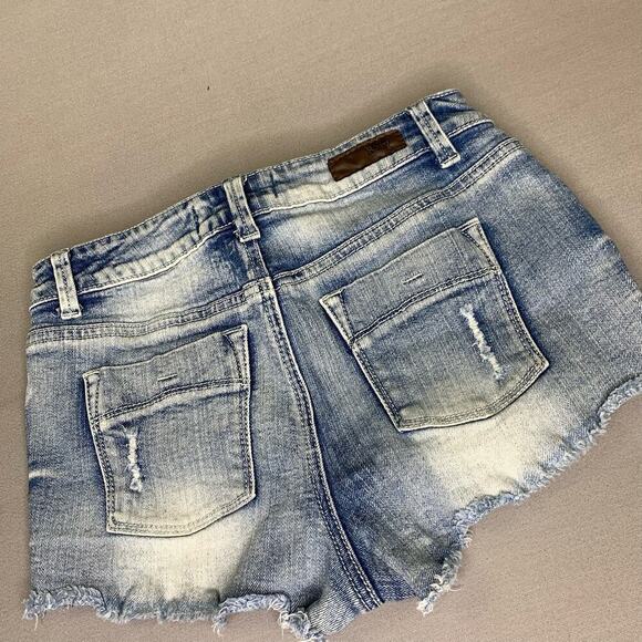 RSQ Maui High Rise Distressed Frayed Denim Blue Jeans Shorts Stretchy Jr Size 3 - Picture 2 of 12